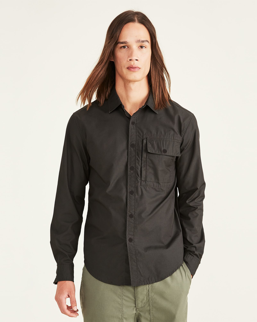 Front view of model wearing Pirate Black Rec Button-Up Shirt, Regular Fit.