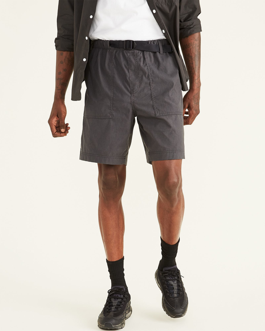 View of model wearing Pirate Black Rec Hike Shorts.