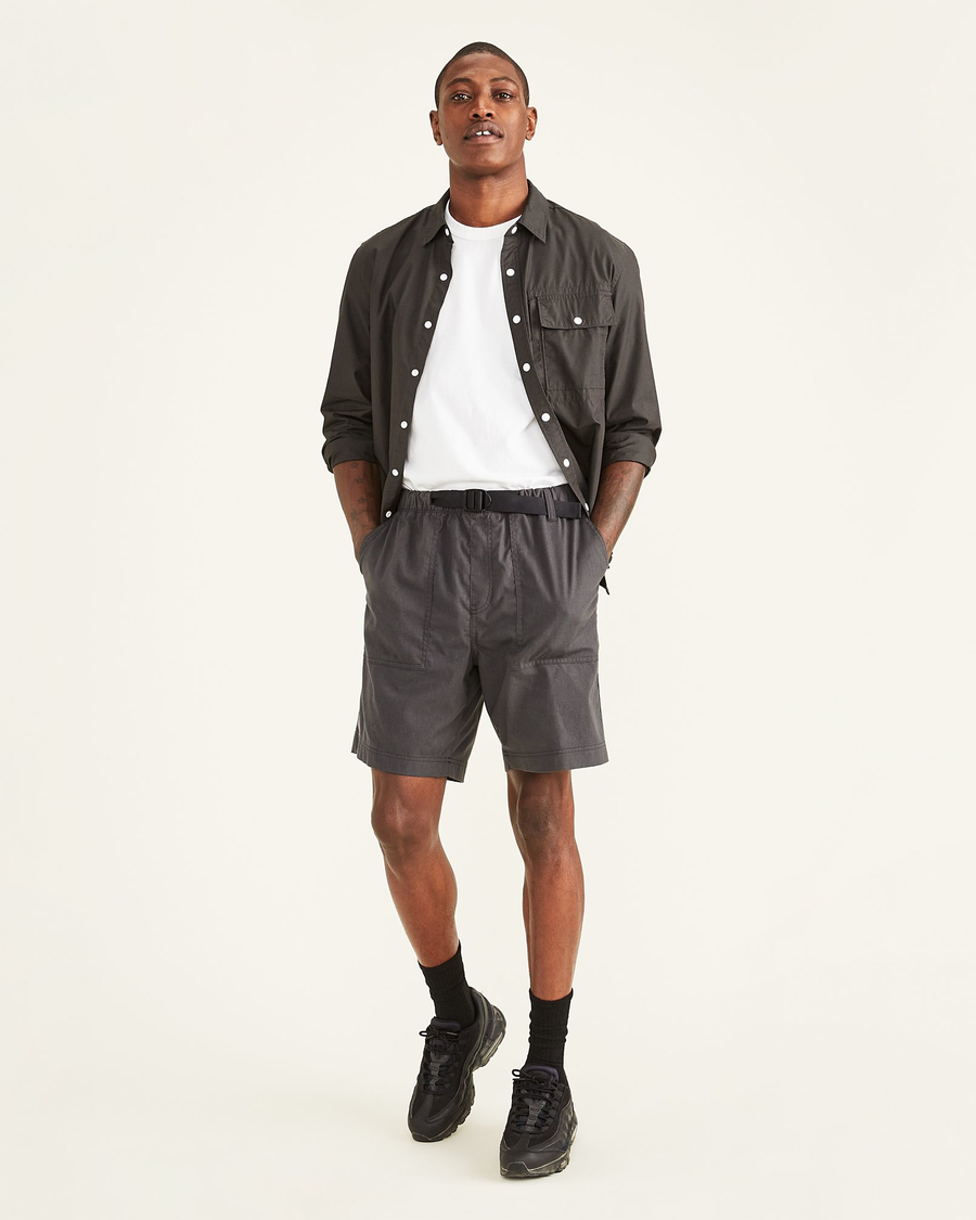 Front view of model wearing Pirate Black Rec Hike Shorts.