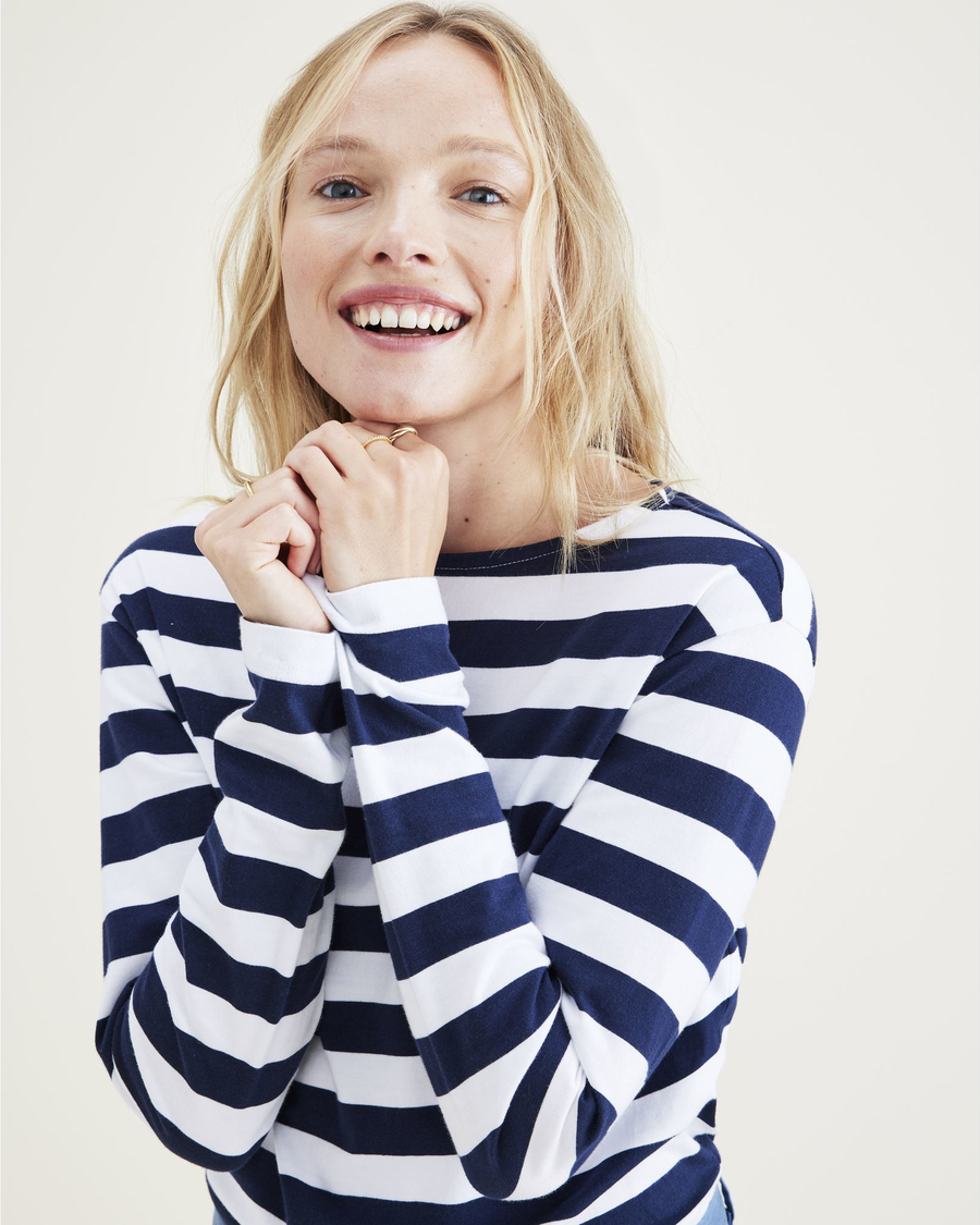 View of model wearing Pismo Navy Blazer Stripe Boatneck Shirt, Regular Fit.