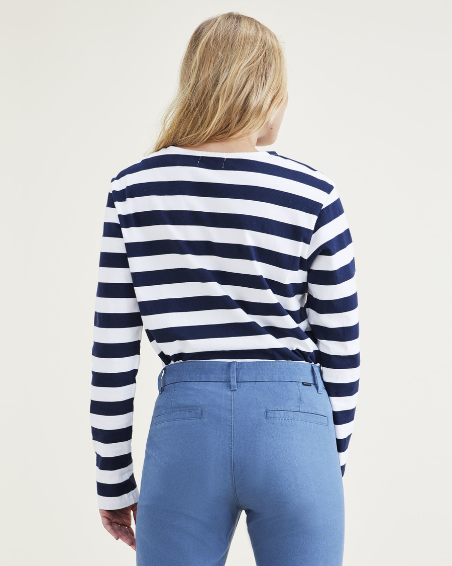 Back view of model wearing Pismo Navy Blazer Stripe Boatneck Shirt, Regular Fit.