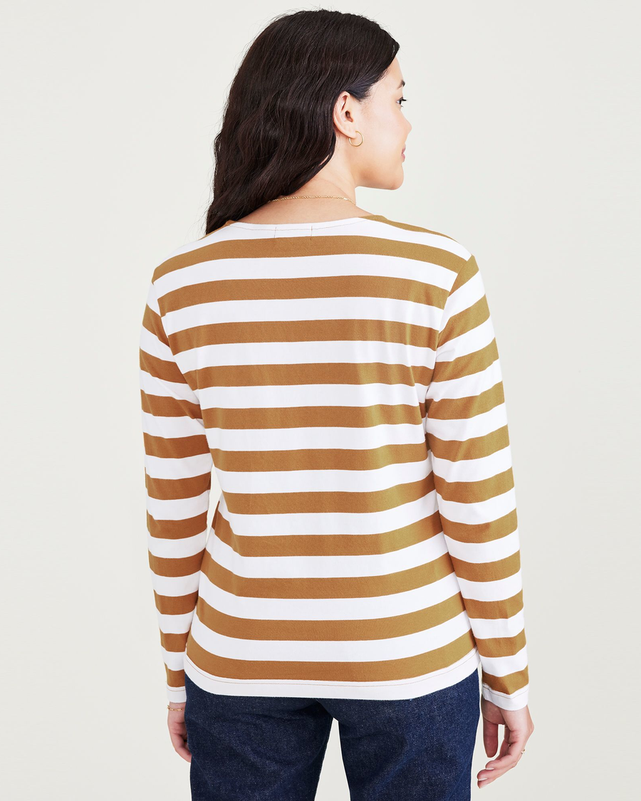 Back view of model wearing Pismo Sorrel Stripe Boatneck Shirt, Regular Fit.