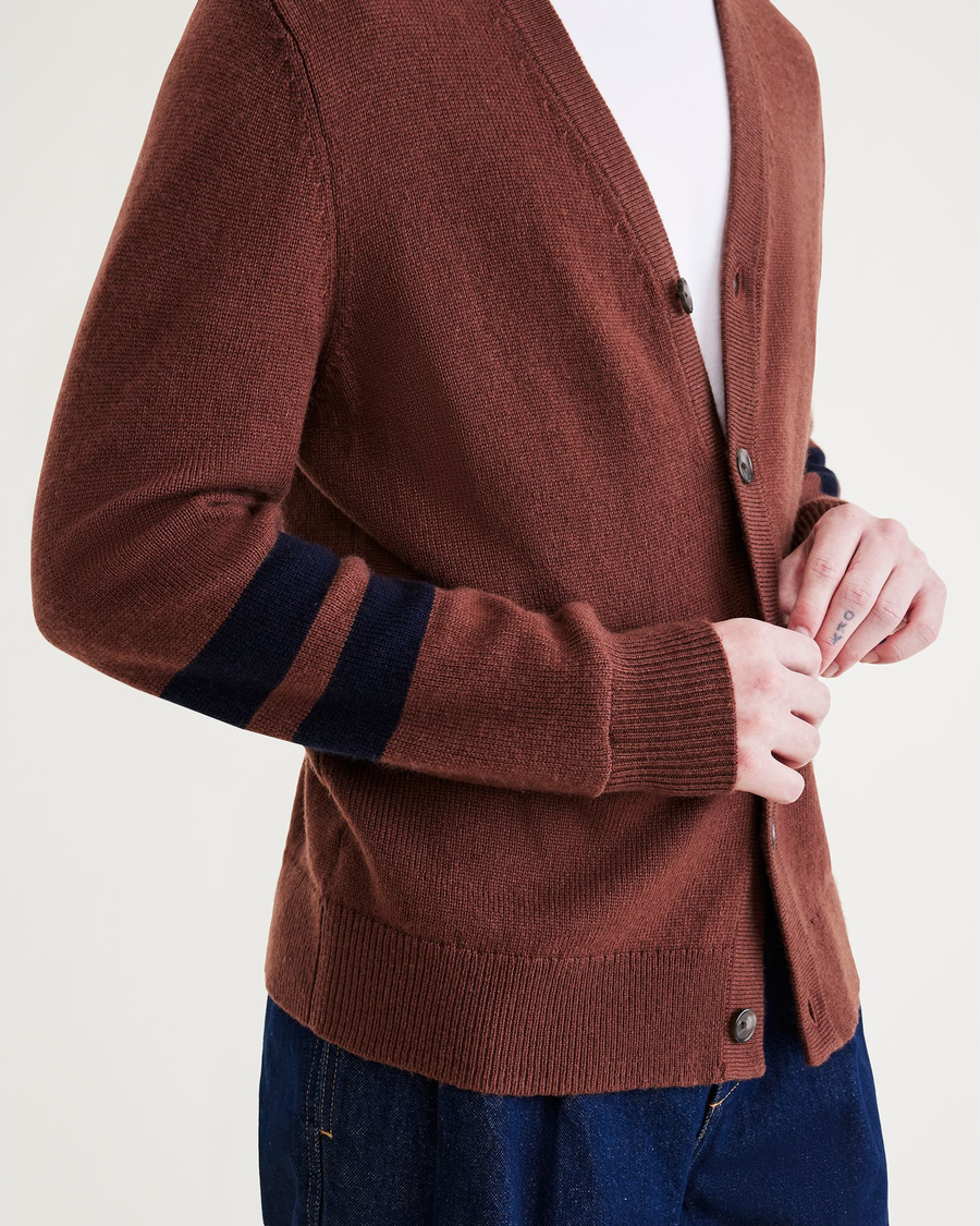 View of model wearing Placed Campus Pine Log Wool Blend Cardigan: Premium Edition.