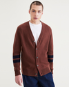 Front view of model wearing Placed Campus Pine Log Wool Blend Cardigan: Premium Edition.