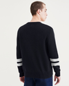 Back view of model wearing Placed Campus Stripe Navy Wool Blend Cardigan: Premium Edition.