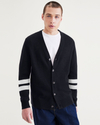 Front view of model wearing Placed Campus Stripe Navy Wool Blend Cardigan: Premium Edition.