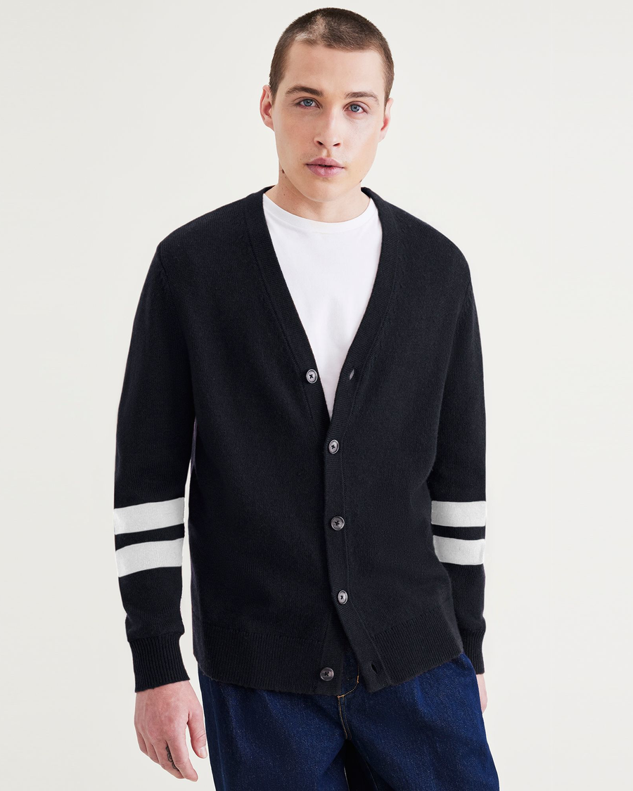 Front view of model wearing Placed Campus Stripe Navy Wool Blend Cardigan: Premium Edition.