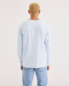 Back view of model wearing Placid Blue Boatneck Shirt, Regular Fit.