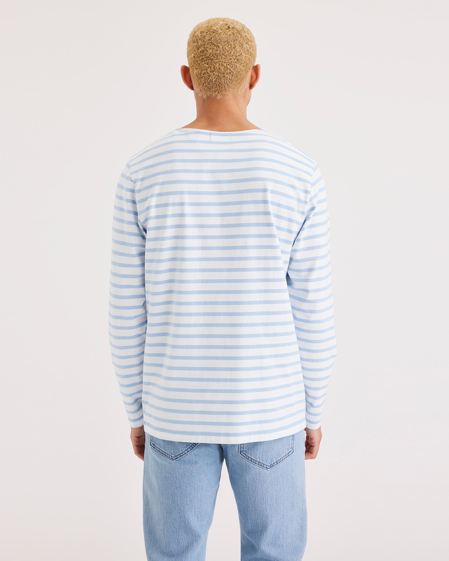 Back view of model wearing Placid Blue Boatneck Shirt, Regular Fit.