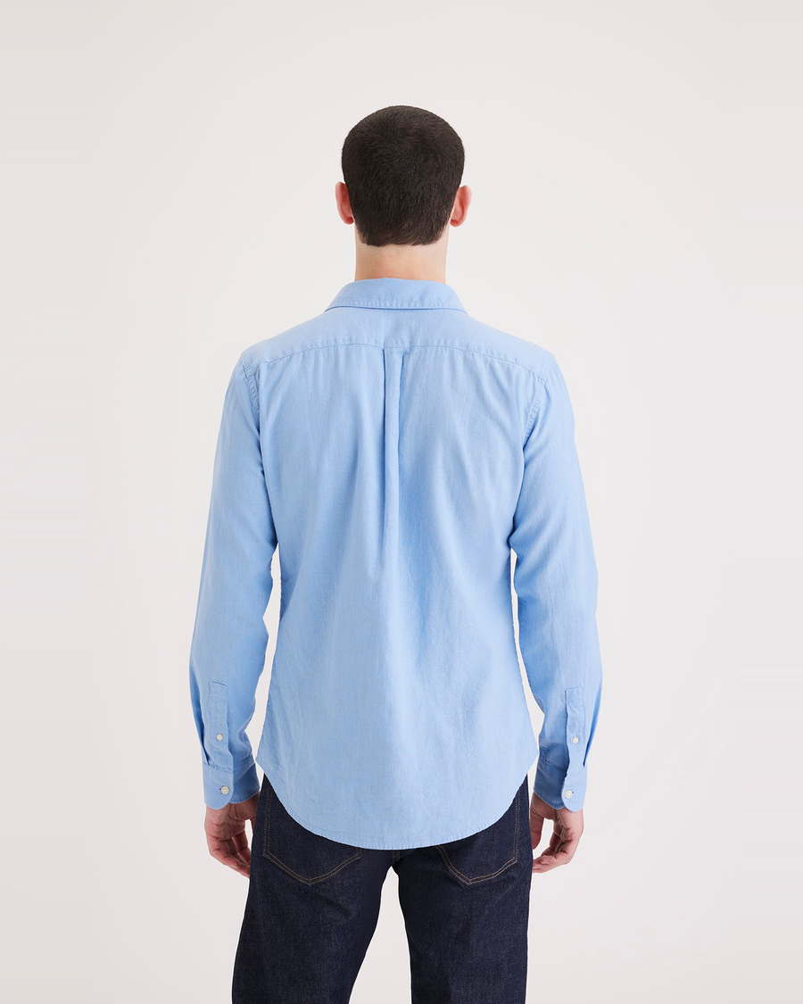 Back view of model wearing Placid Blue Original Button Up, Slim Fit.