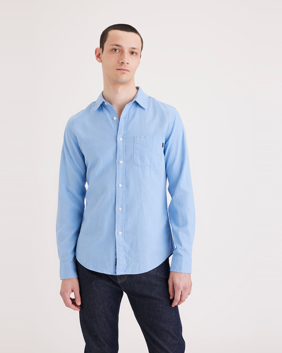 Front view of model wearing Placid Blue Original Button Up, Slim Fit.