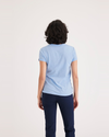 Back view of model wearing Placid Blue V-Neck Tee Shirt, Slim Fit.