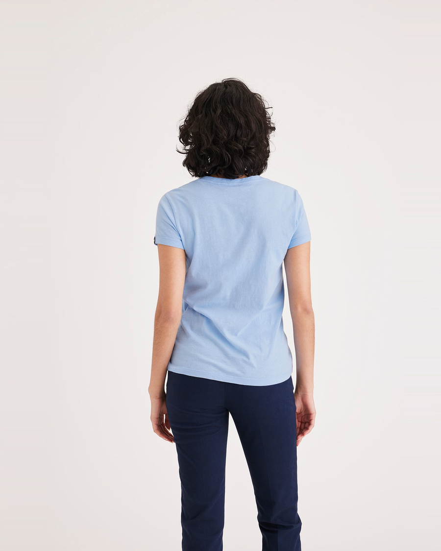 Back view of model wearing Placid Blue V-Neck Tee Shirt, Slim Fit.