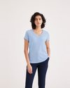 Front view of model wearing Placid Blue V-Neck Tee Shirt, Slim Fit.