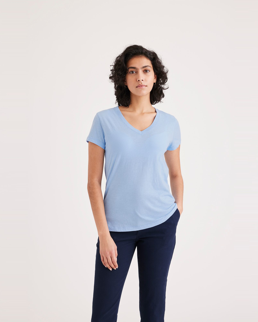 Front view of model wearing Placid Blue V-Neck Tee Shirt, Slim Fit.