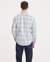 Back view of model wearing Plaid Blue Casual Shirt, Regular Fit.