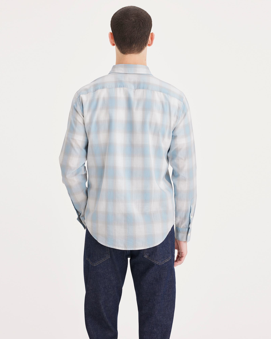 Back view of model wearing Plaid Blue Casual Shirt, Regular Fit.