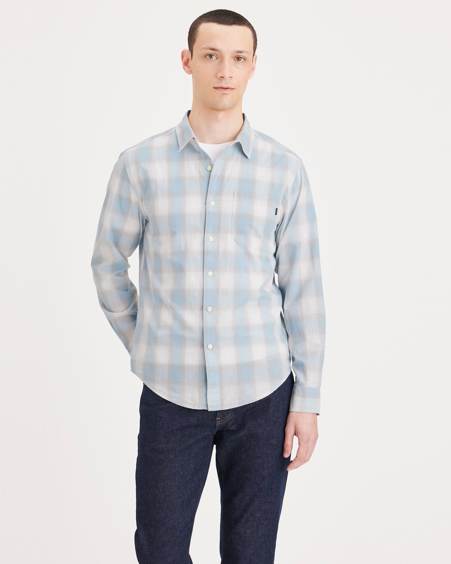 Front view of model wearing Plaid Blue Casual Shirt, Regular Fit.