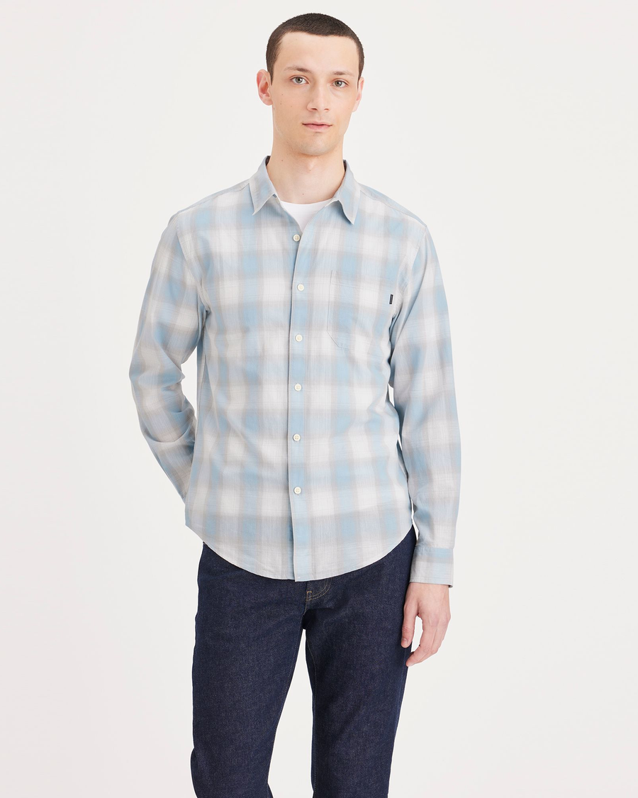 Front view of model wearing Plaid Blue Ultimate Shirt, Regular Fit.