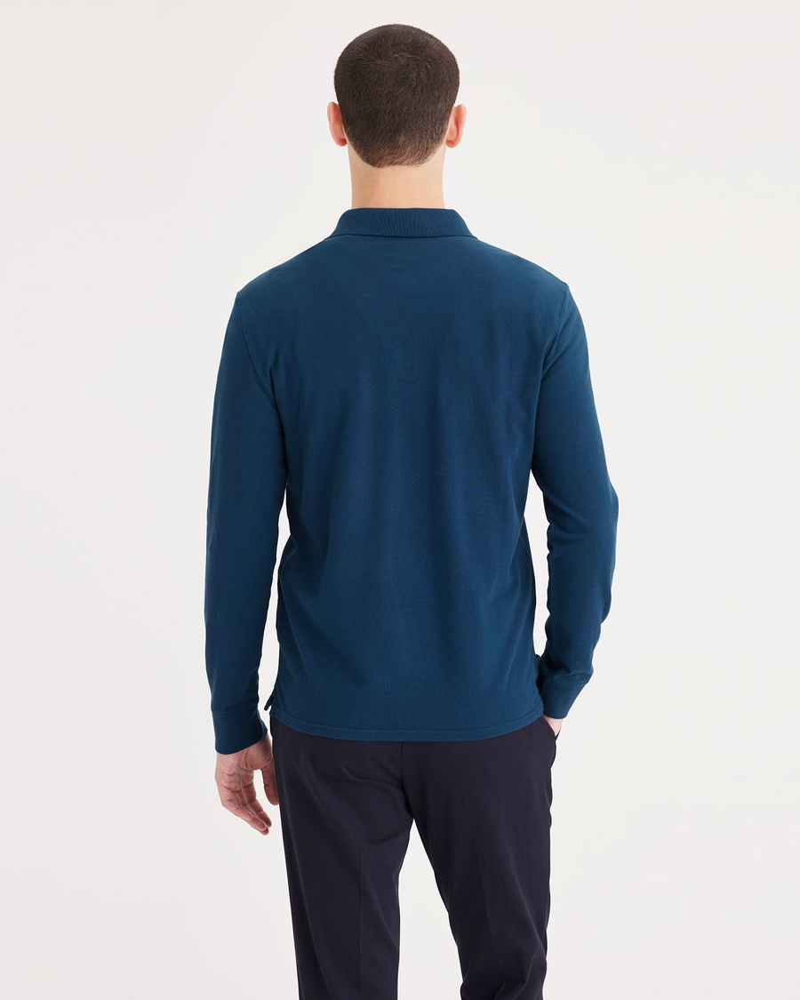 Back view of model wearing Poseideon Blue Polo, Slim Fit.