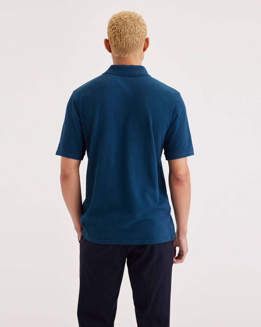 Back view of model wearing Poseideon Blue Rib Collar Polo, Slim Fit.