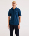 Front view of model wearing Poseideon Blue Rib Collar Polo, Slim Fit.