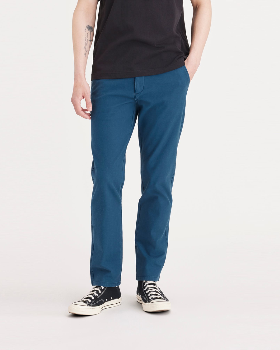 Front view of model wearing Poseidon Blue Ultimate Chino, Slim Fit.