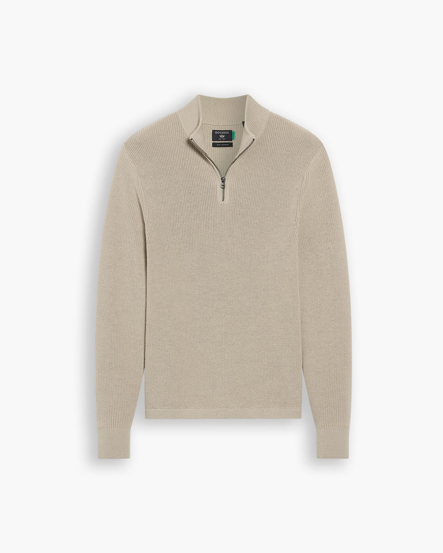 View of model wearing Pure Cashmere 1/4 Zip Sweater, Regular Fit.