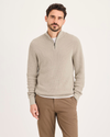 Front view of model wearing Pure Cashmere 1/4 Zip Sweater, Regular Fit.
