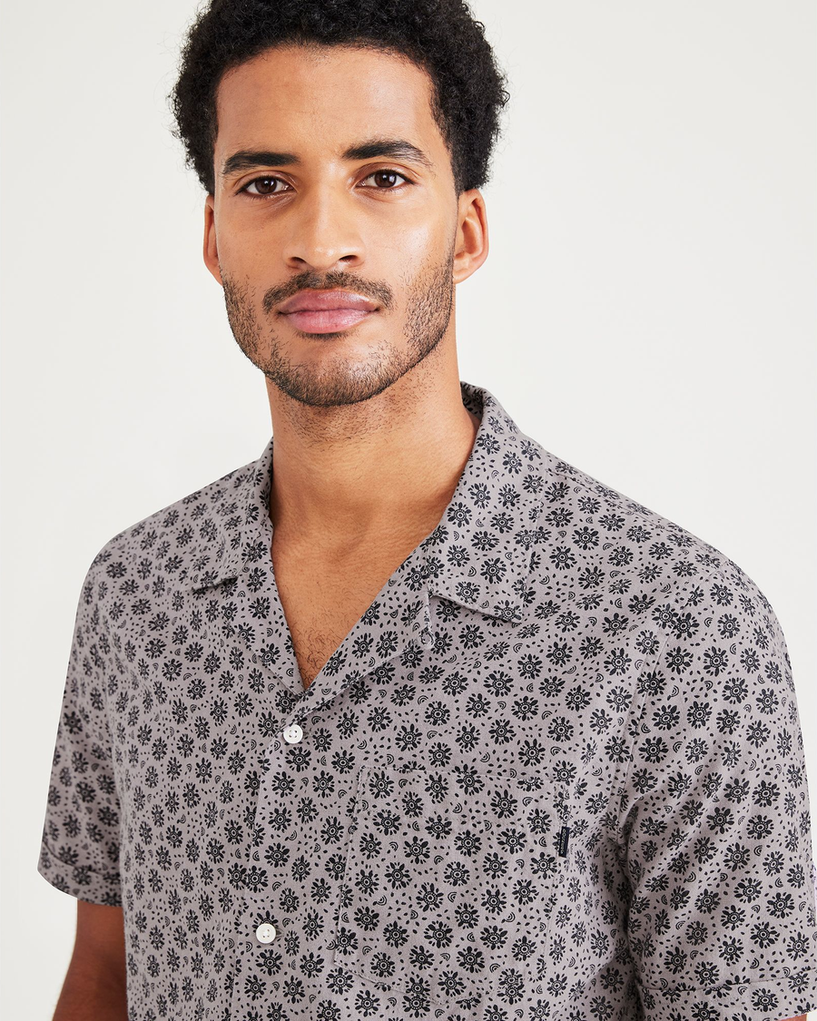 View of model wearing Purple Dove Camp Collar Shirt, Regular Fit.