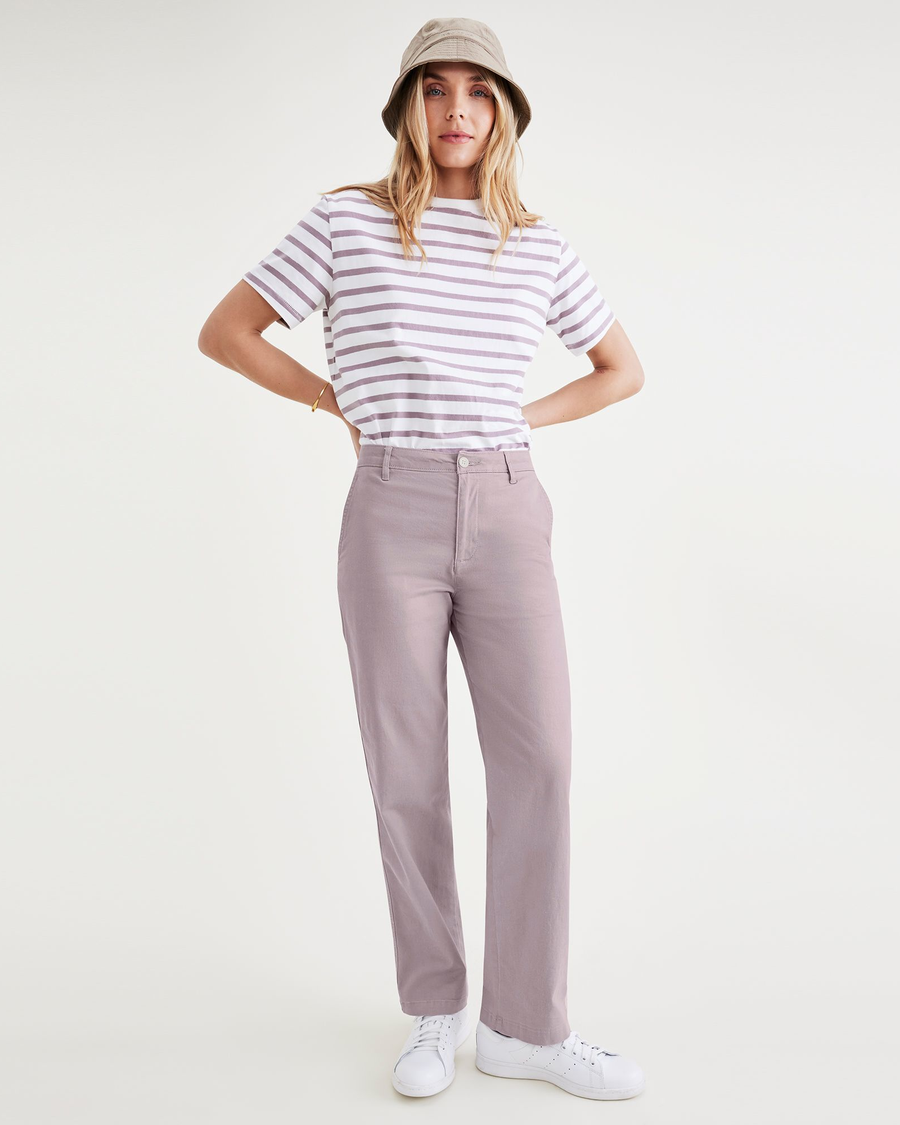 View of model wearing Purple Dove Original Chinos, High Waisted, Straight Fit.