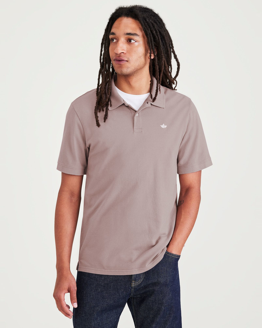 Front view of model wearing Purple Dove Rib Collar Polo, Slim Fit.