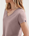 View of model wearing Purple Dove V-Neck Tee Shirt, Slim Fit.