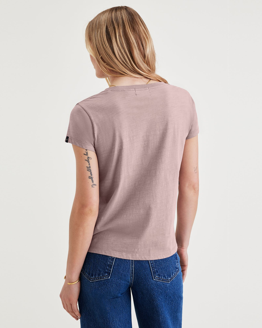 Back view of model wearing Purple Dove V-Neck Tee Shirt, Slim Fit.