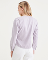 Back view of model wearing Purple Dove Wrap Blouse, Regular Fit.