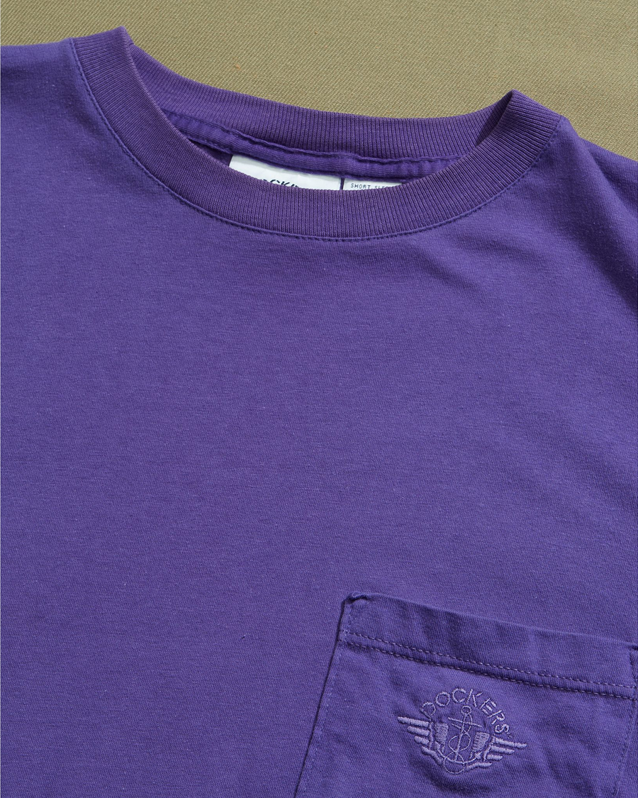 View of model wearing Purple Made in USA, Purple Embroidered Tee - M.