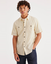 Front view of model wearing Raft Wheat Utility Shirt, Regular Fit.