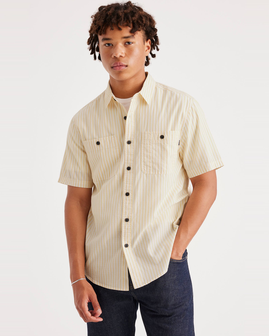 Front view of model wearing Raft Wheat Utility Shirt, Regular Fit.