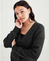 View of model wearing Ragtime Beautiful Black Cropped Cardigan, Relaxed Fit.