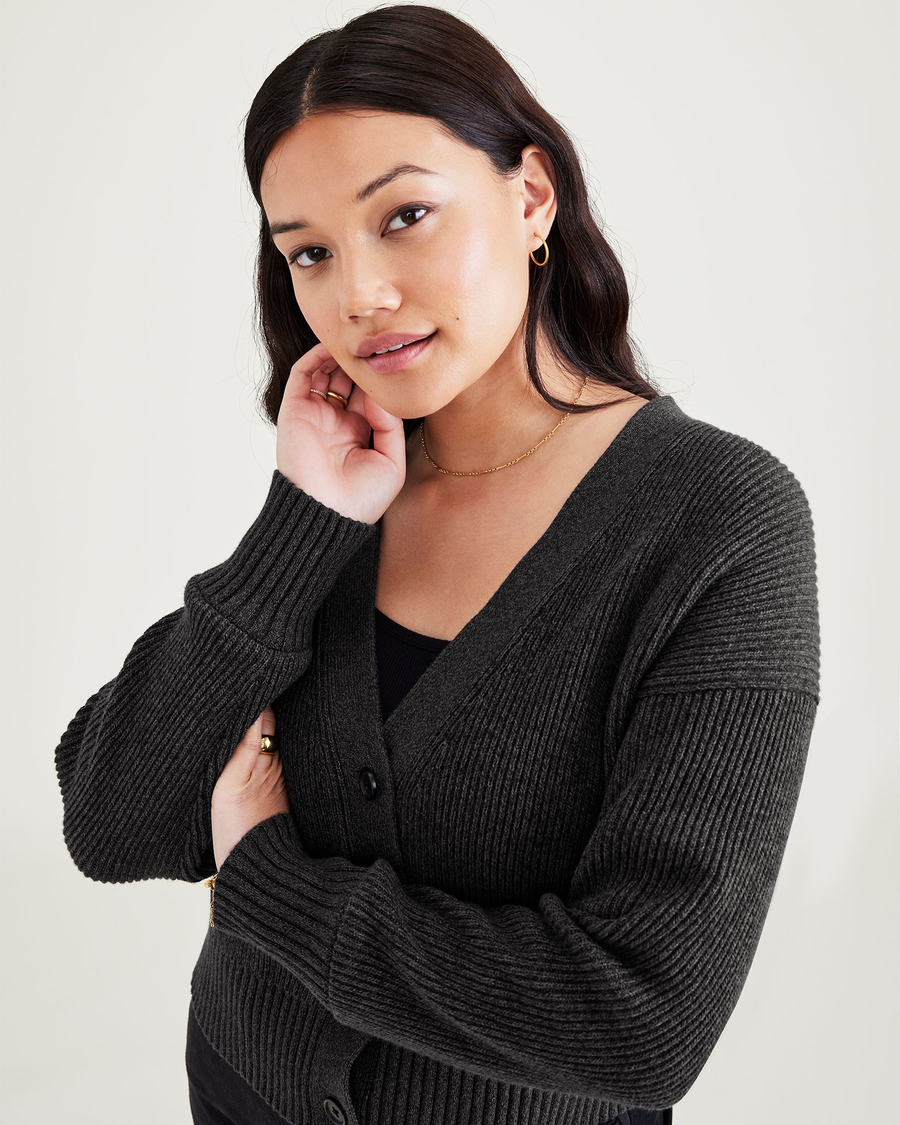 View of model wearing Ragtime Beautiful Black Cropped Cardigan, Relaxed Fit.