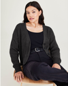 View of model wearing Ragtime Beautiful Black Cropped Cardigan, Relaxed Fit.