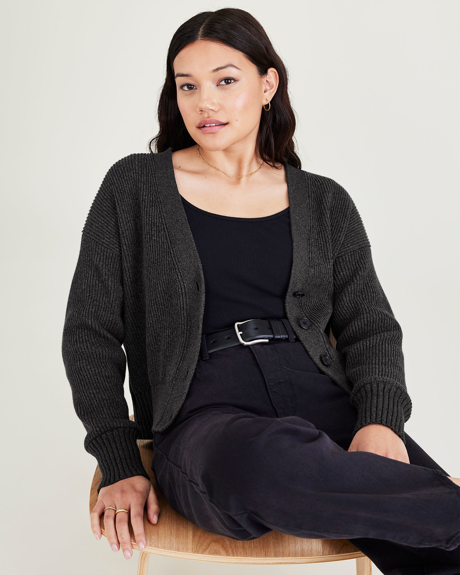 View of model wearing Ragtime Beautiful Black Cropped Cardigan, Relaxed Fit.