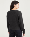 Back view of model wearing Ragtime Beautiful Black Cropped Cardigan, Relaxed Fit.