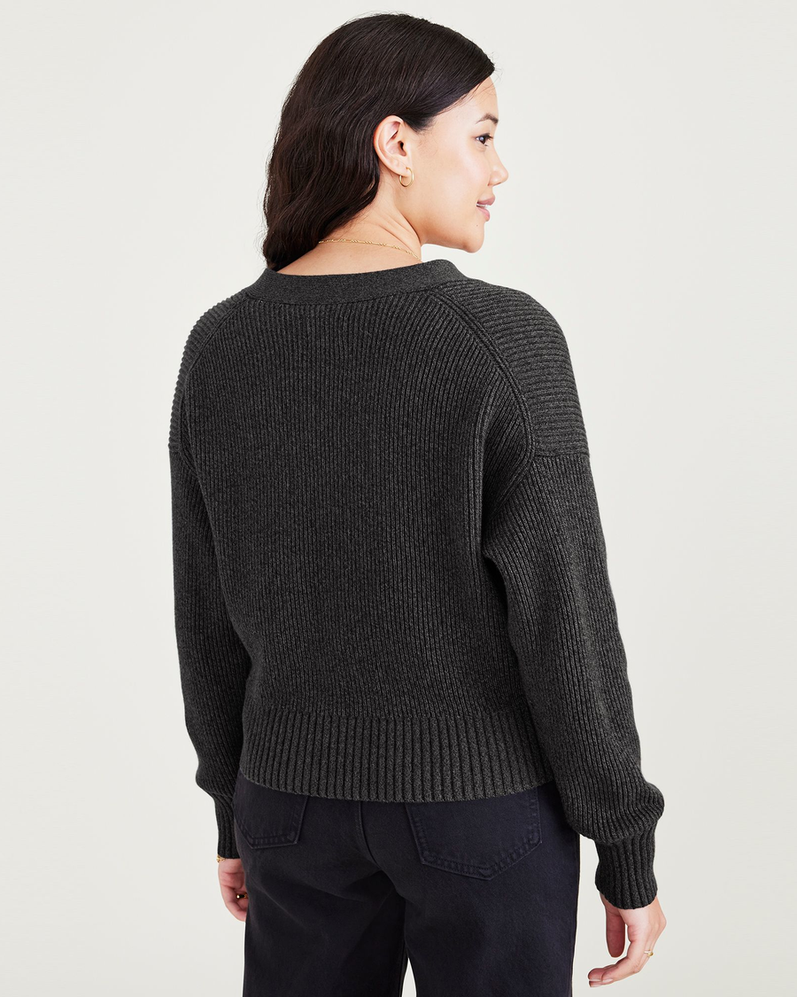 Back view of model wearing Ragtime Beautiful Black Cropped Cardigan, Relaxed Fit.