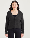 Front view of model wearing Ragtime Beautiful Black Cropped Cardigan, Relaxed Fit.