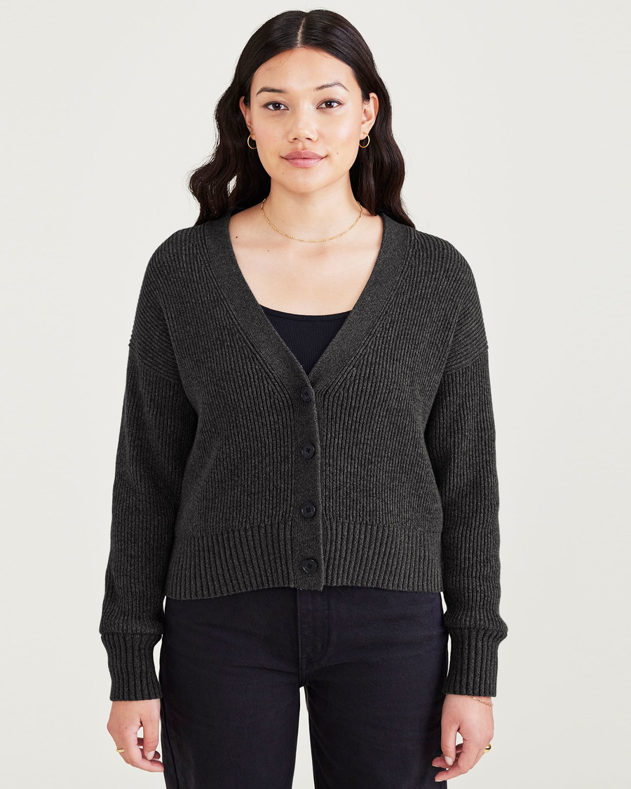 Front view of model wearing Ragtime Beautiful Black Cropped Cardigan, Relaxed Fit.