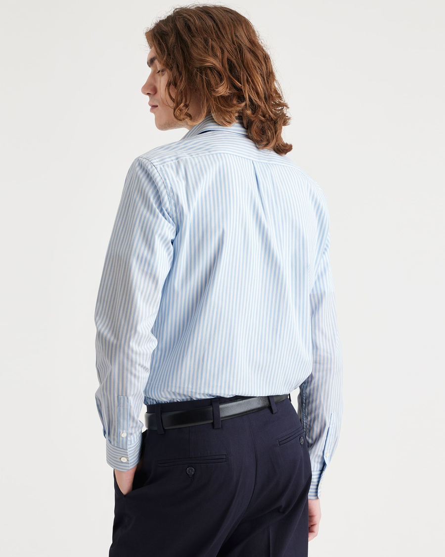 Back view of model wearing Rancho Bel Air Blue Crafted Button Up, Slim Fit.