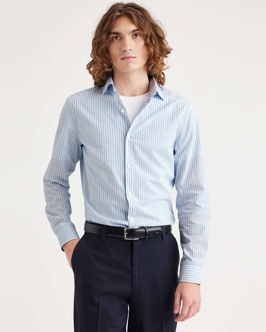 Front view of model wearing Rancho Bel Air Blue Crafted Button Up, Slim Fit.