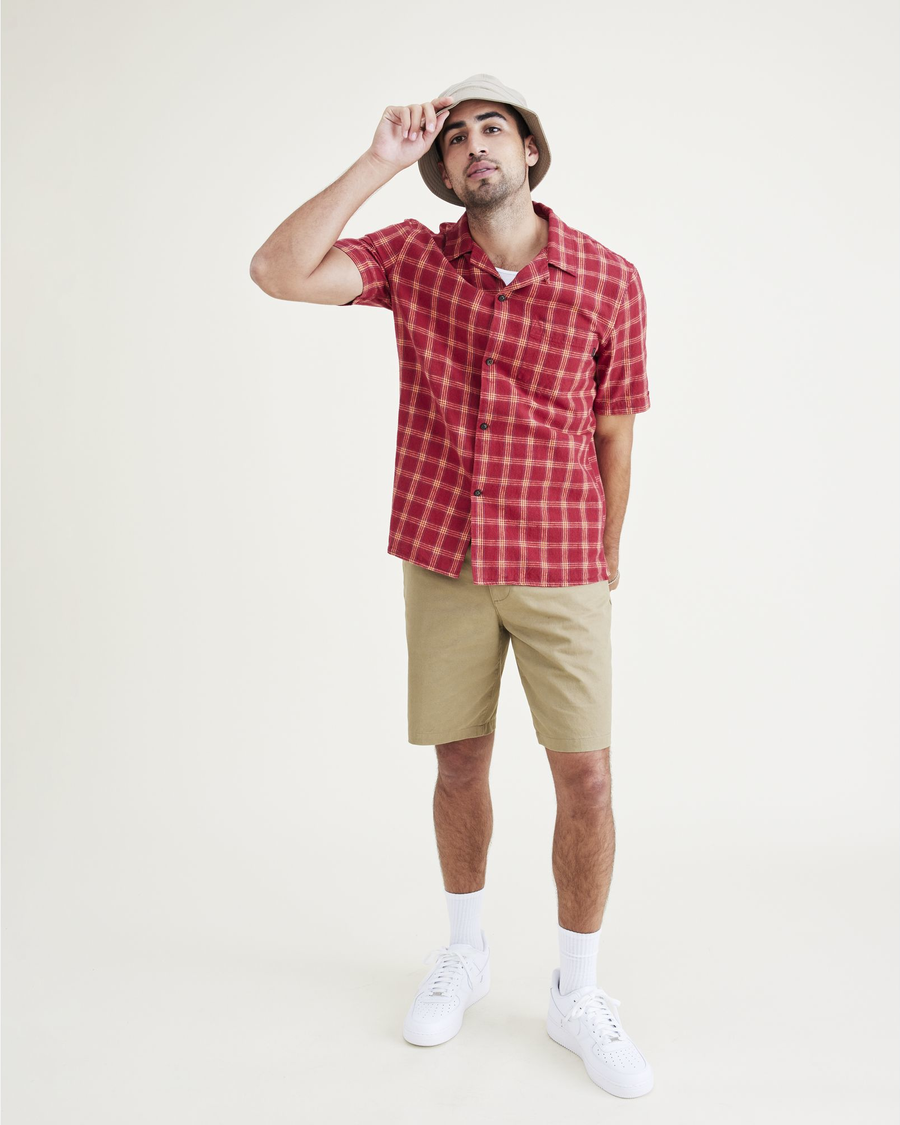View of model wearing Red Camp Collar Shirt, Regular Fit.