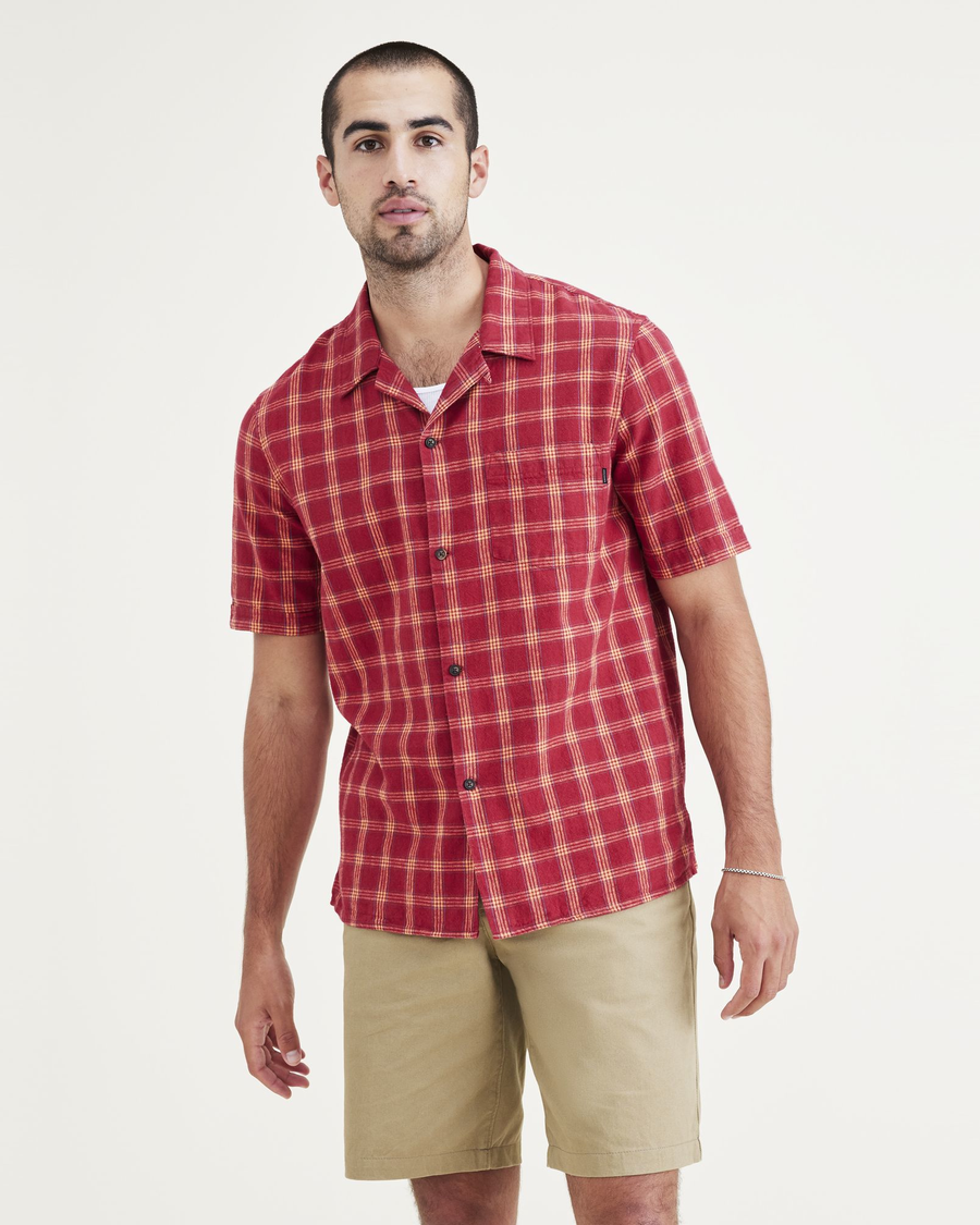 Front view of model wearing Red Camp Collar Shirt, Regular Fit.